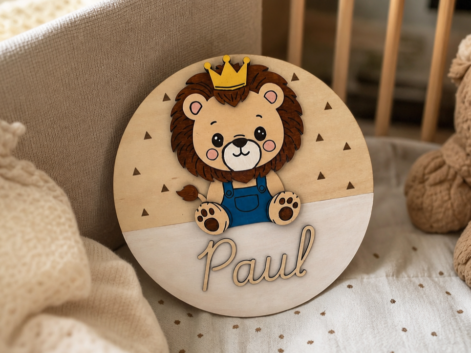 Plaque murale ronde personnalisée avec lion et couronne pour chambre d'enfant