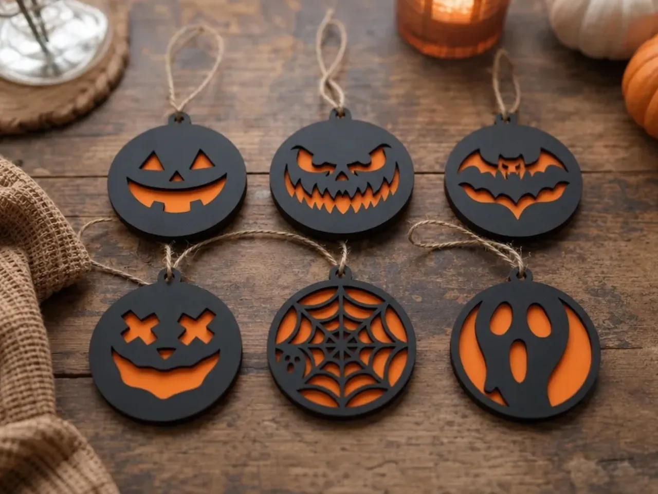 [Laser cut and engrave,Other] Halloween Hanging Ornaments with Pumpkin, Bat, Spiderweb, and Ghost Motifs