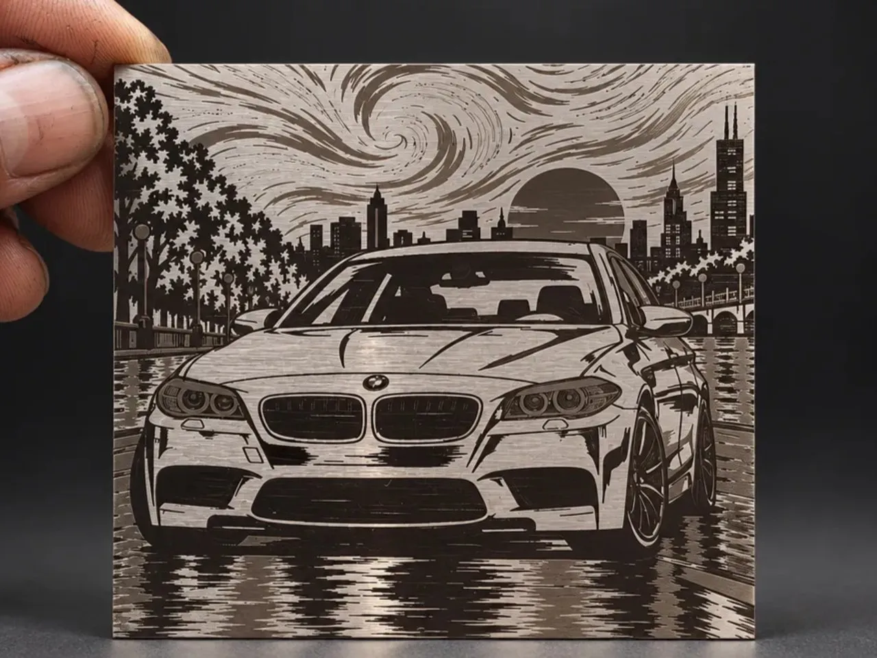 [Laser cut and engrave] BMW M5 Sedan Art Print with Starry Night Cityscape Background