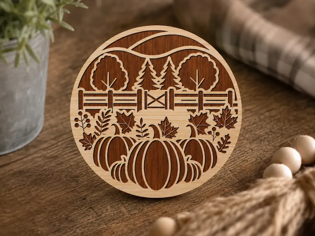 [Laser cut and engrave] Round Wooden Farmhouse Pumpkin Patch Wall Sign