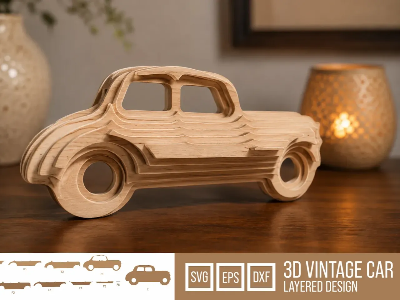 [Laser cut and engrave] Layered Wooden Vintage Car Model