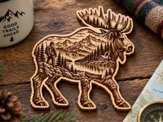Moose Shaped Wooden Wall Art Featuring Mountain Landscape and Cabin Scene