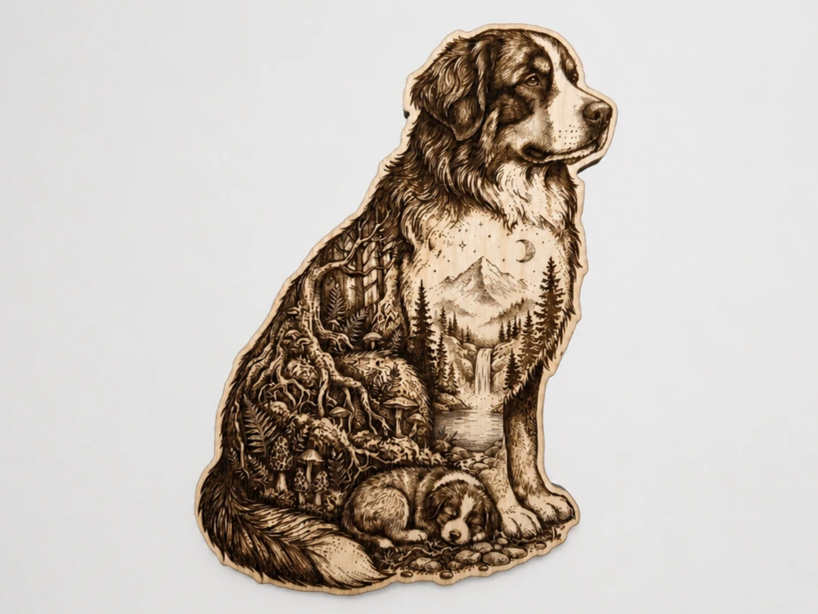 Bernese Mountain Dog Wall Art with Forest and Mountain Landscape Silhouette