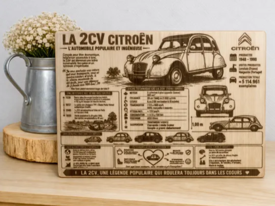 Plaque décorative en bois avec fiche technique historique de la Citroën 2CV