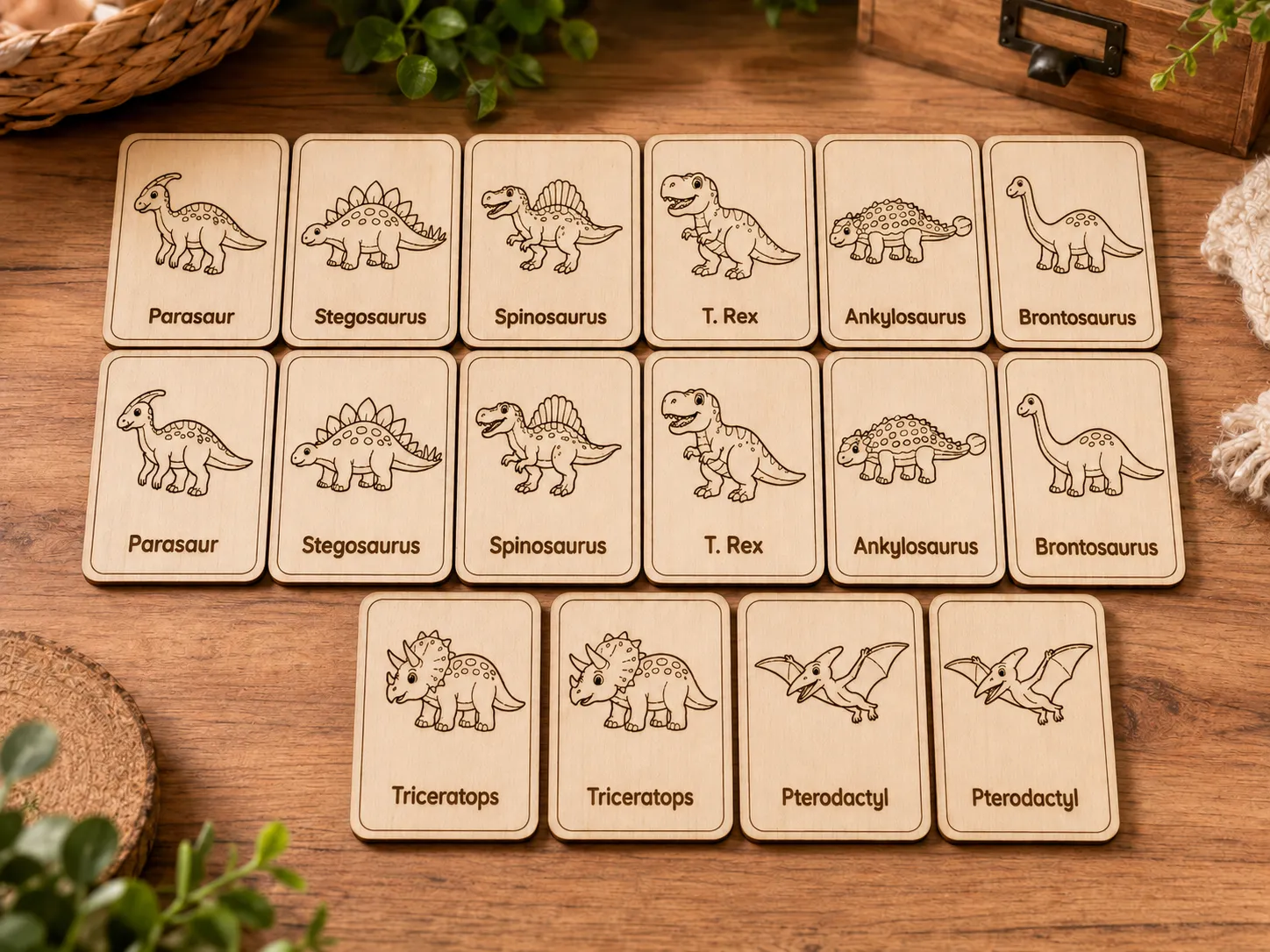 Dinosaur Montessori-Inspired Wooden Matching Cards | 8 Pair Dino Memory Game | Laser Cut