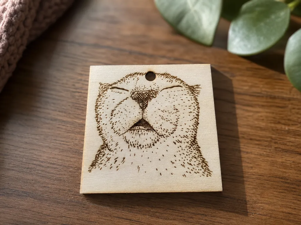 Square wooden pendant featuring a sleeping cat illustration