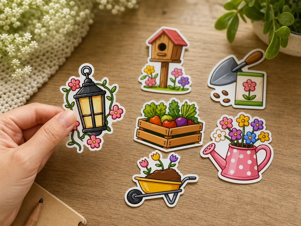 Garden Themed Sticker Set Featuring Birdhouse, Watering Can, and Gardening Tools