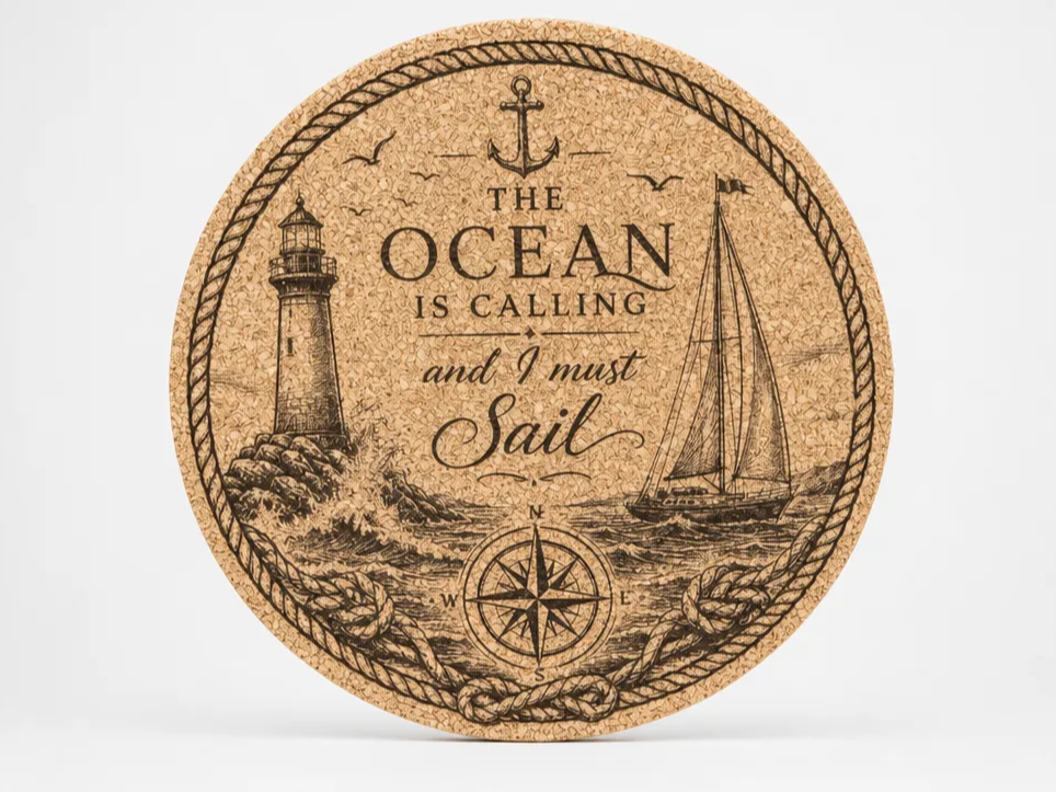 The Ocean Is Calling Nautical Cork Coaster with Lighthouse and Sailboat