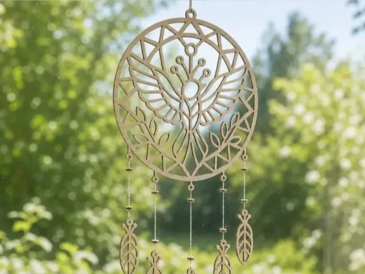 [Laser cut and engrave] Wooden Dreamcatcher Wall Hanging with Phoenix Motif