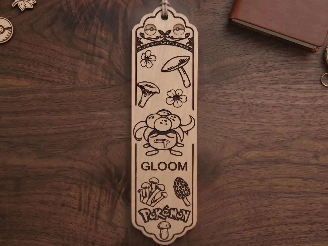 Gloom Pokemon Themed Wooden Bookmark with Mushroom and Floral Motifs
