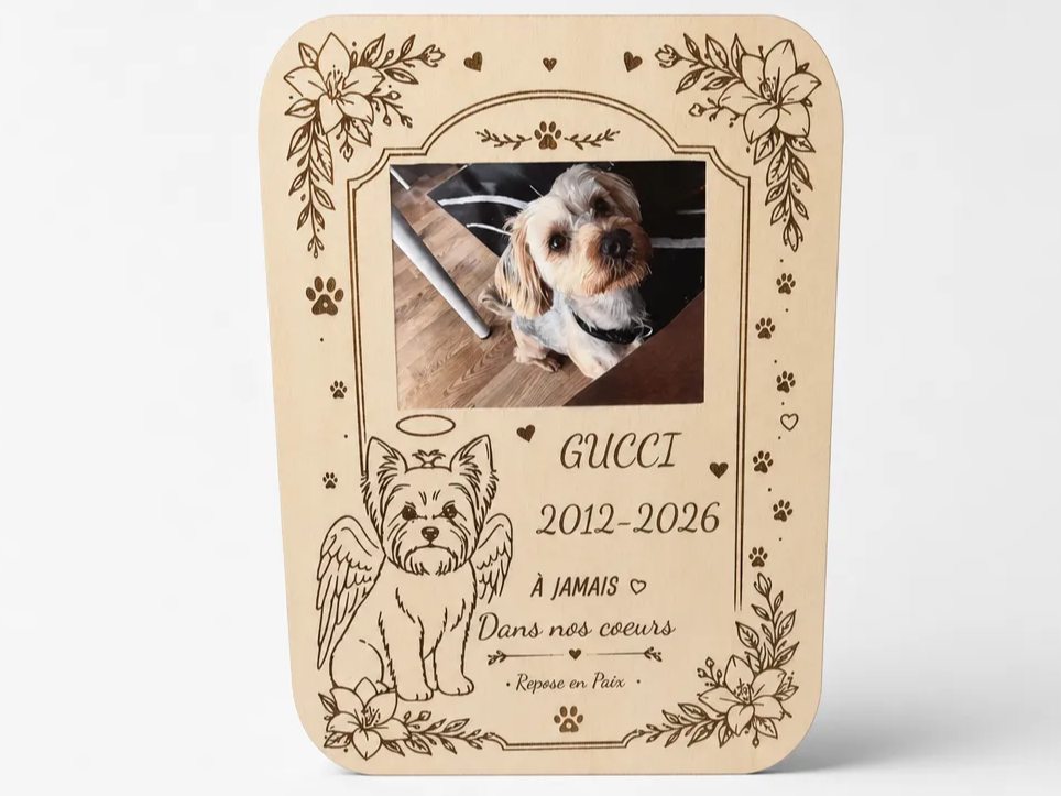 Pet Memorial Plaque with Photo and Angel Dog Illustration laser engraved pet portrait idea