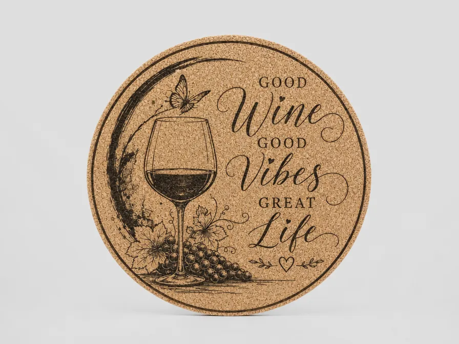Round Cork Coaster with Good Wine Good Vibes Great Life Quote