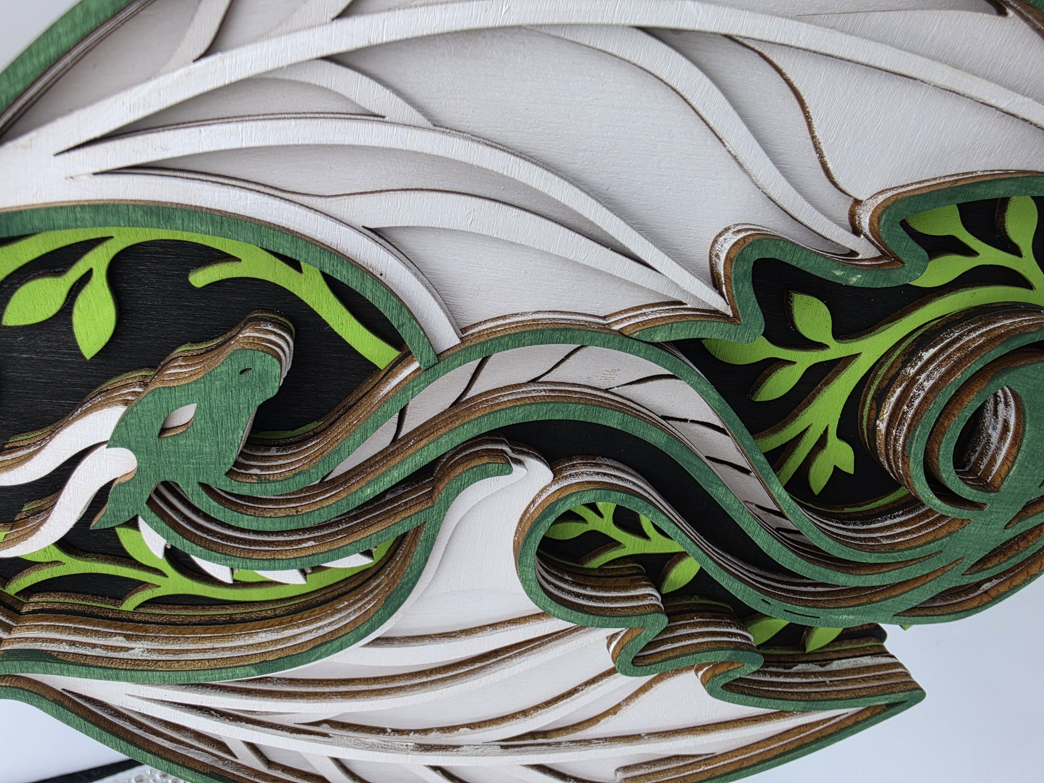 [Laser cut and engrave] Layered Green and White Dragon Wall Art with Leaf Motif