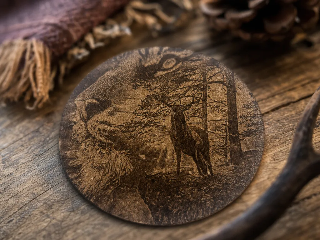 Sous-verre rond en bois avec motif de cerf dans la forêt