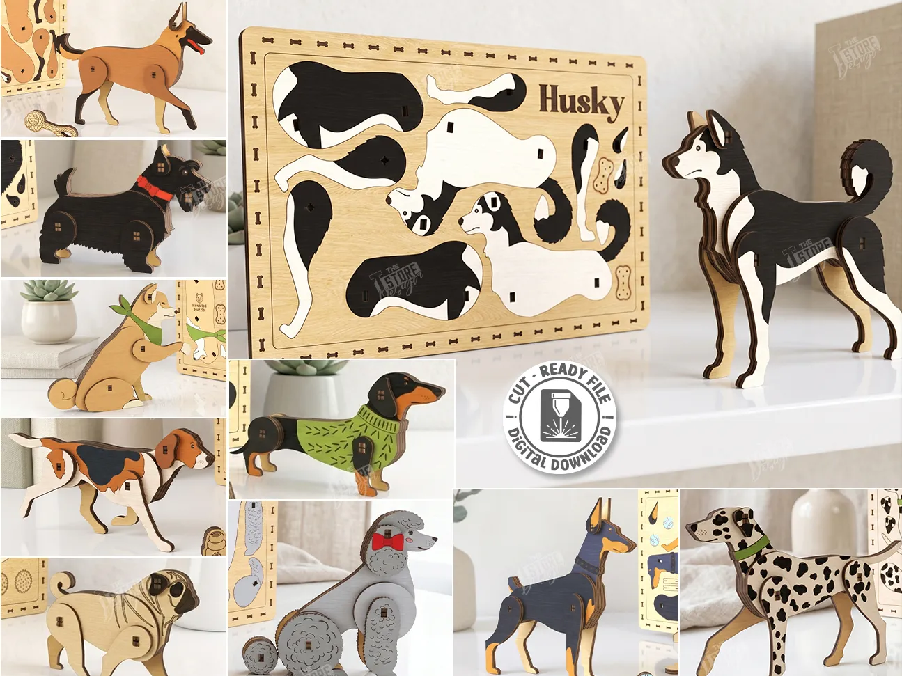 Dog Wooden Puzzle and Standing Figurine Laser Cut Bundle. Dog Card Puzzle. Wooden Dog Model