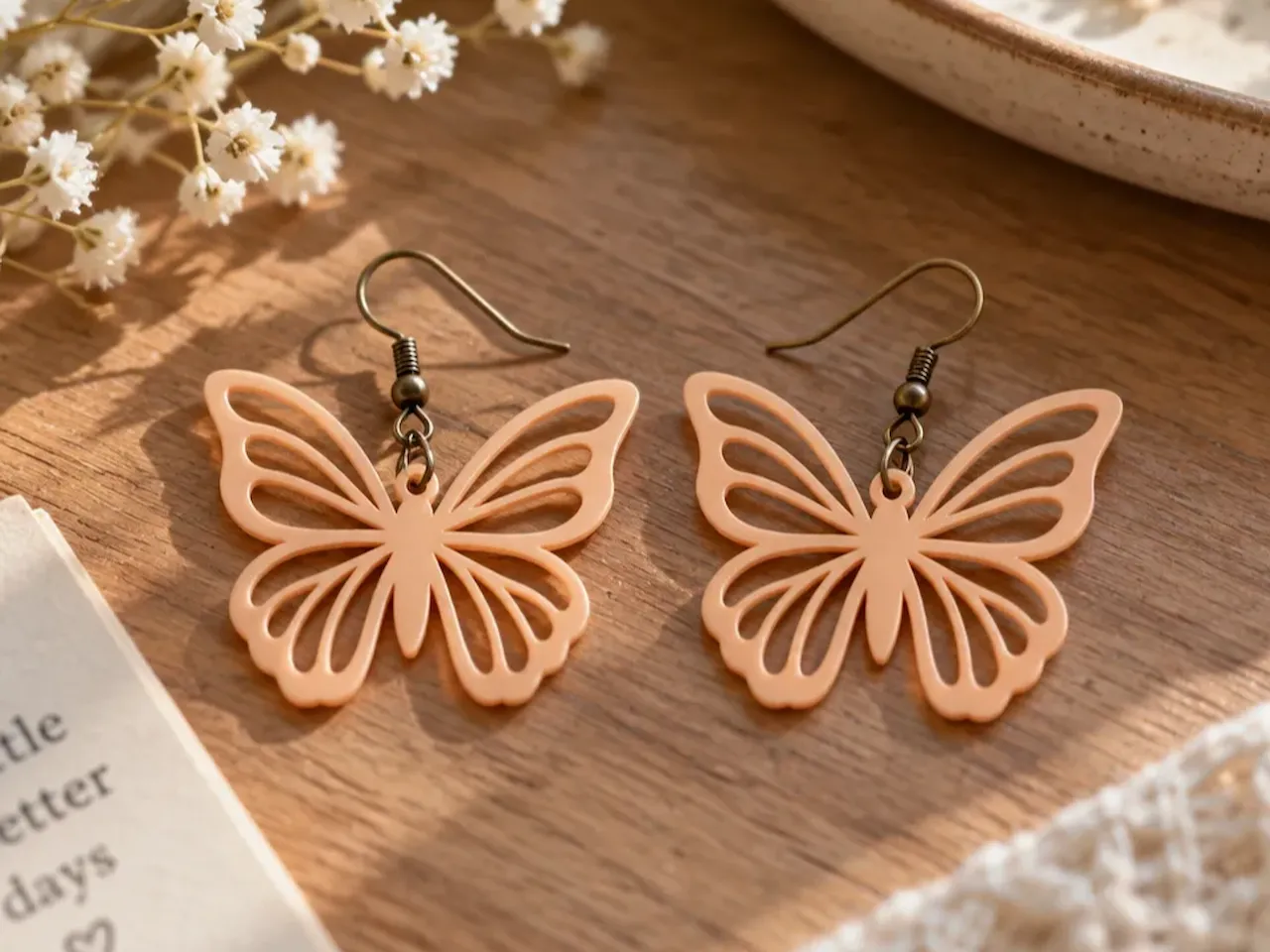 [Laser cut and engrave] Peach Butterfly Dangle Earrings