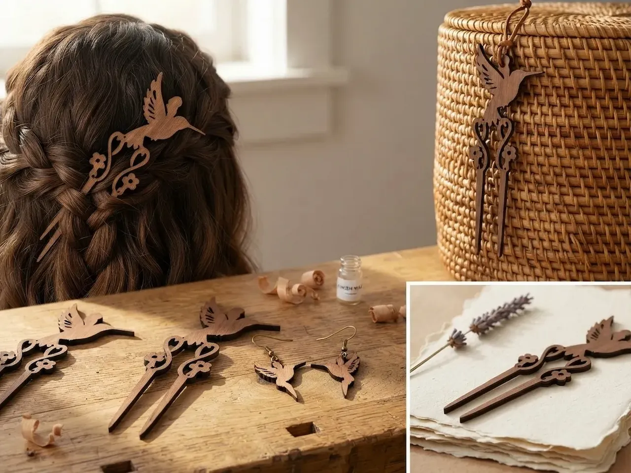 [Laser cut and engrave] Hummingbird Hair Fork and Matching Earrings Set