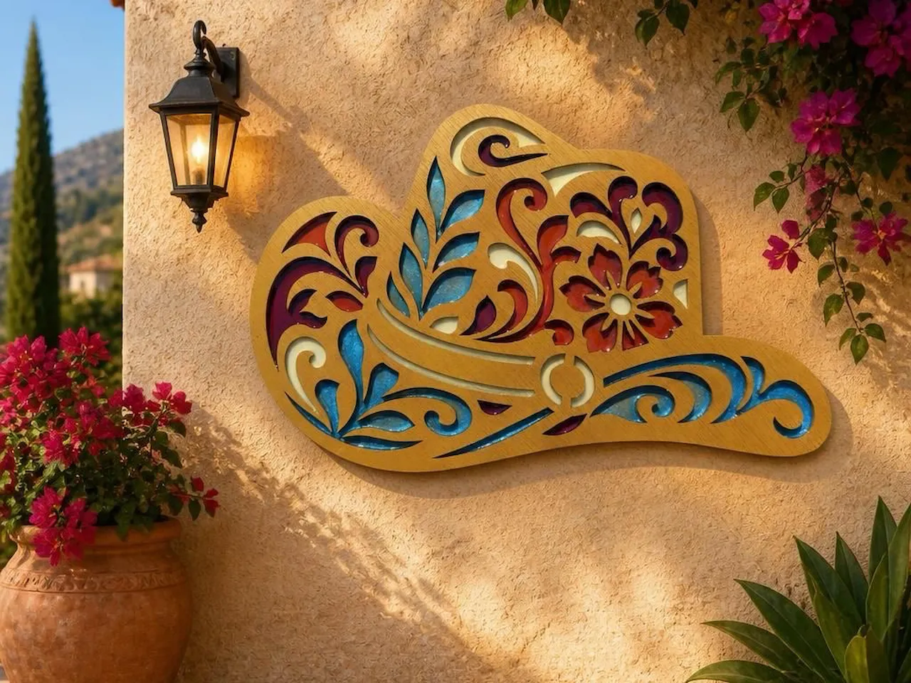 [Laser cut and engrave] Western Cowboy Hat Wall Art with Floral Filigree Details