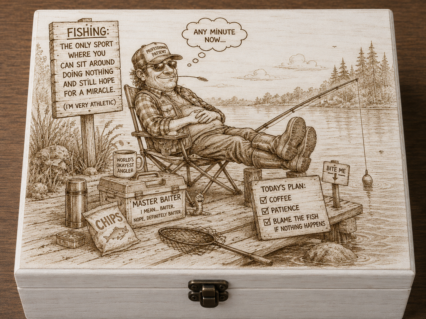 Wooden Keepsake Box with Humorous Fishing Cartoon Illustration