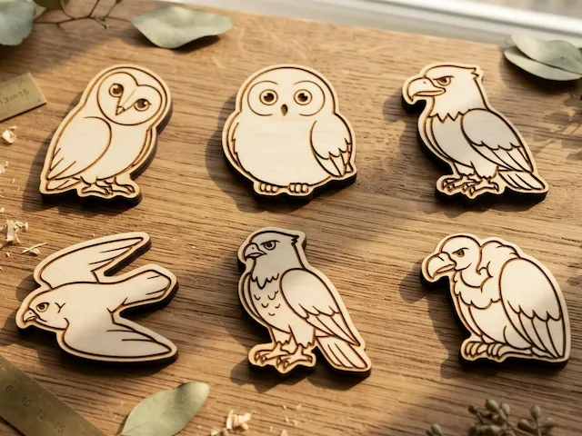 Set of Wooden Bird Figurines Featuring Owls, Eagles, and Hawks