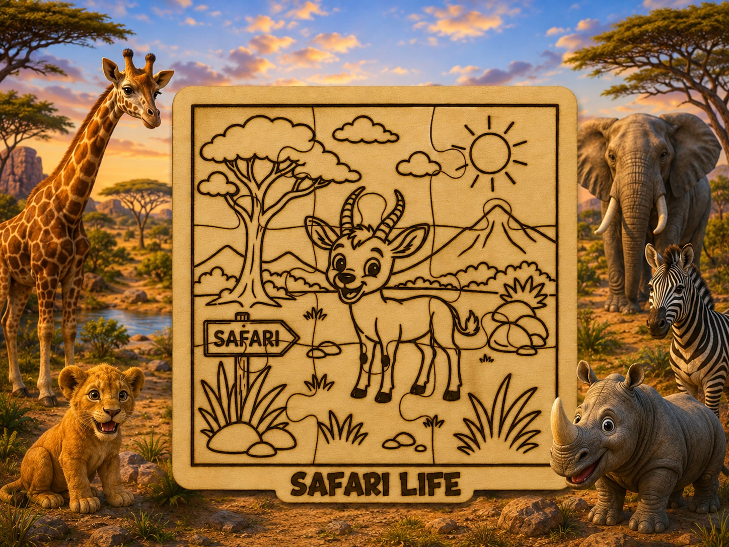 Friendly Antelope Wooden Puzzle | Safari Life SVG XCS Laser Cut File | Preschool Learning Toy | Wildlife Coloring Puzzle | DIY Craft