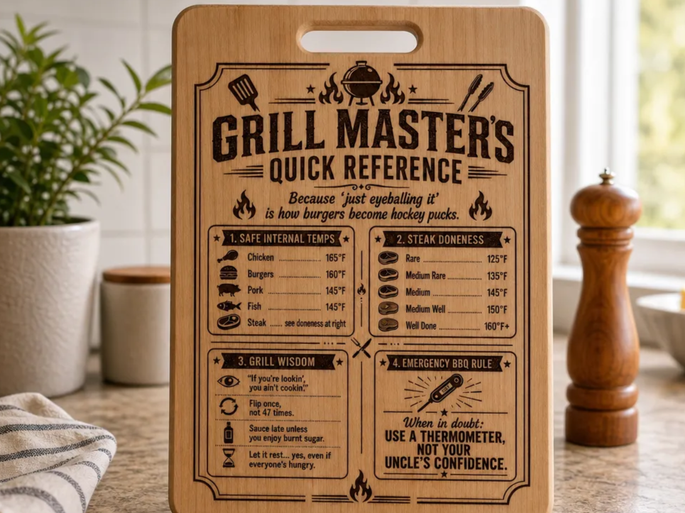Grill Master Quick Reference Meat Temperature Guide Cutting Board