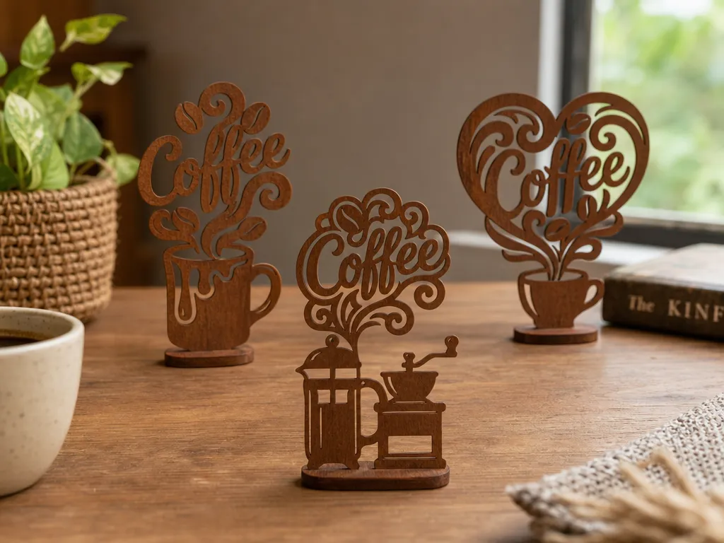 Set of 3 Coffee Themed Wooden Tabletop Signs and Kitchen Decor Bundle