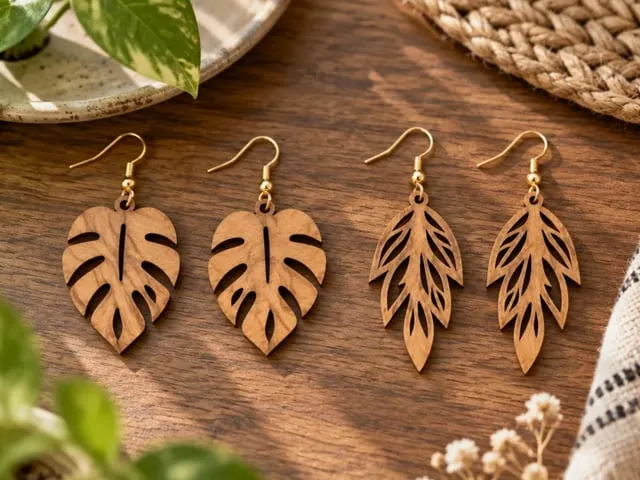 Wooden Monstera and Fern Leaf Dangle Earrings