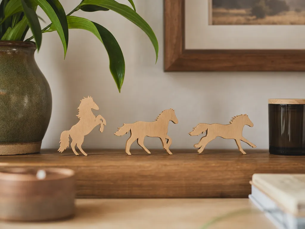Set of Three Wooden Horse Figurines in Running and Rearing Poses