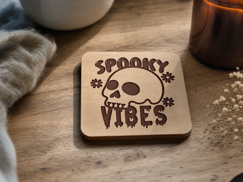 Spooky Vibes Skull and Flower Wooden Coaster