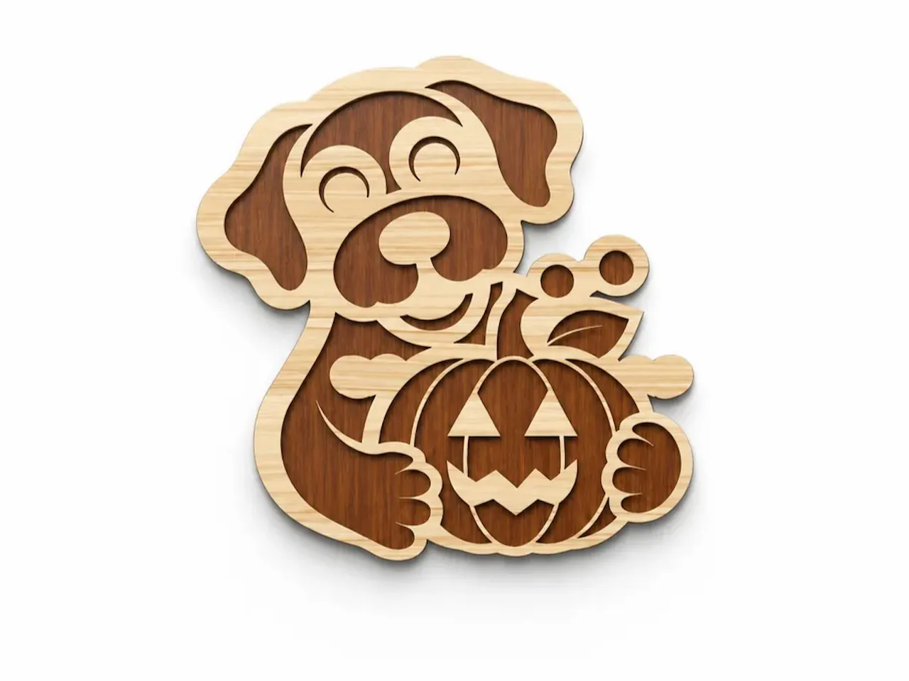 [Laser cut and engrave] Wooden Dog Holding a Jack-o'-lantern Pumpkin Halloween Wall Hanging