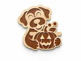[Laser cut and engrave] Wooden Dog Holding a Jack-o'-lantern Pumpkin Halloween Wall Hanging