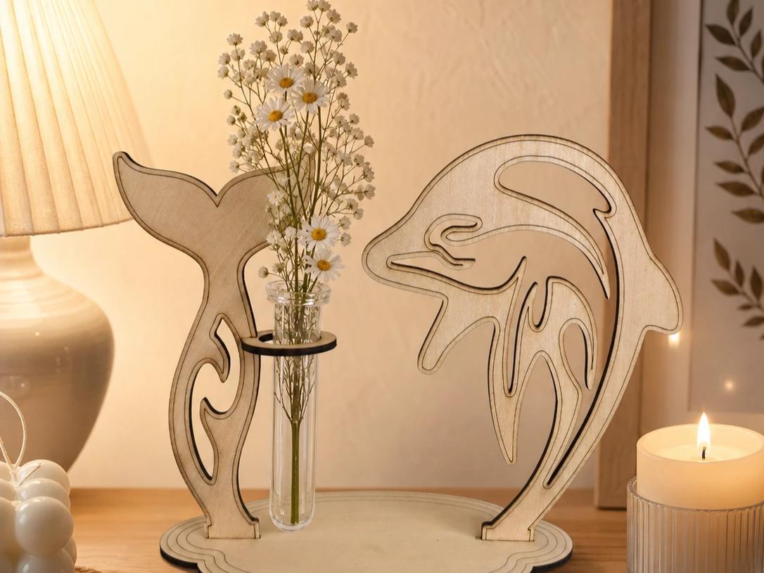Vase soliflore en bois avec motif dauphin pour fleurs séchées