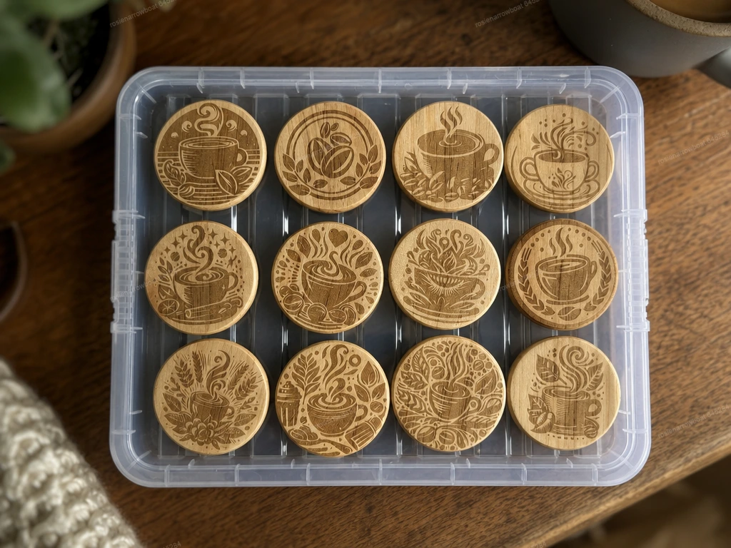Set of Twelve Round Wooden Coffee Themed Coasters