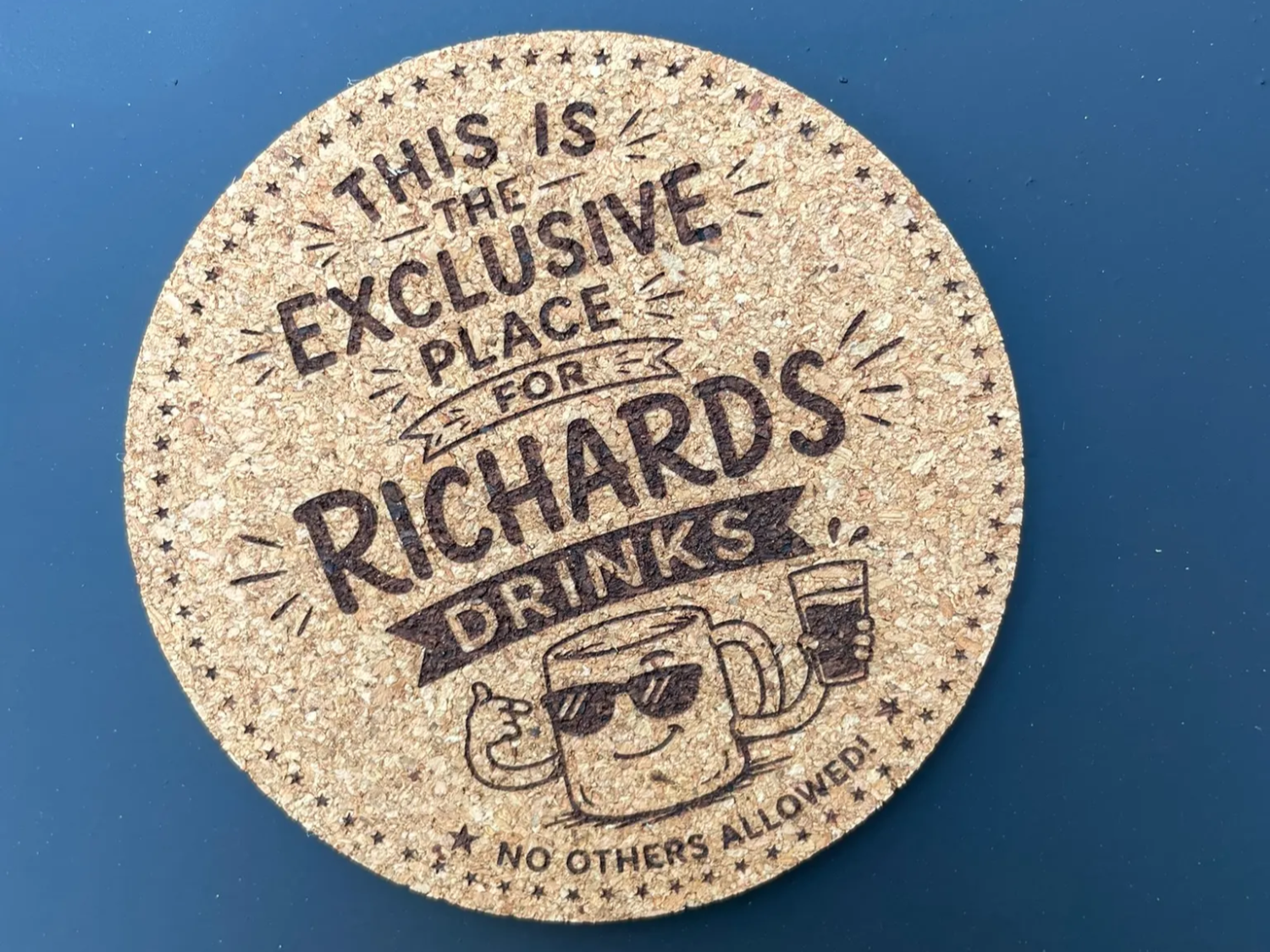 Personalized Richard's Drinks Cork Coaster with Funny Mug Illustration