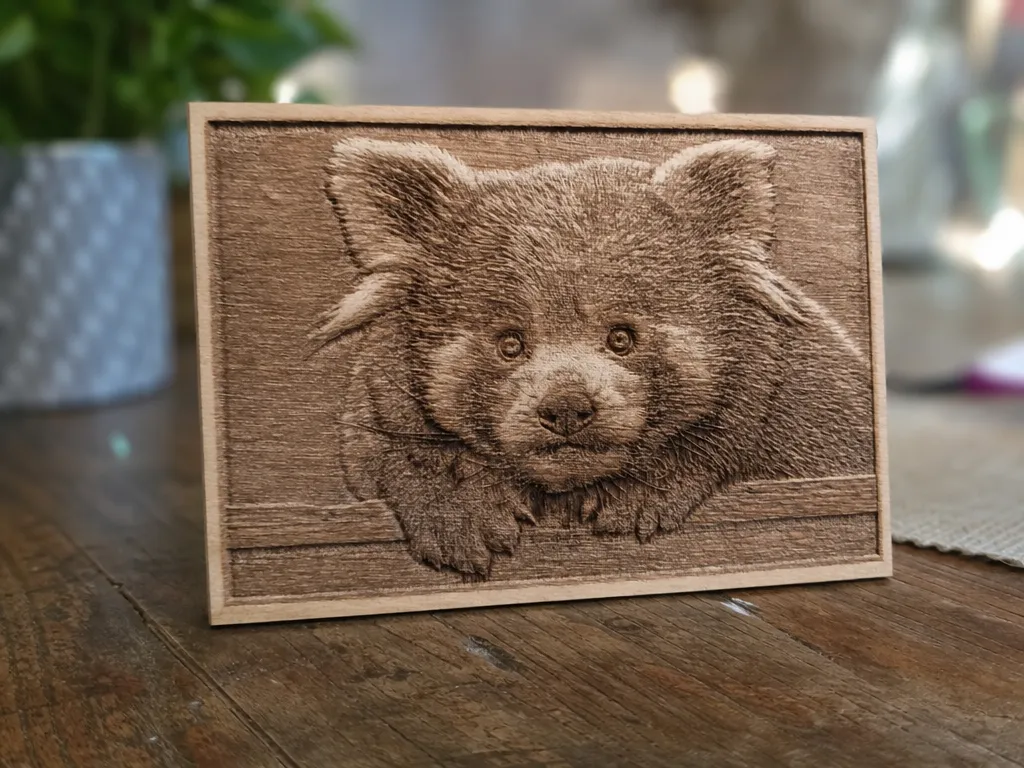 Panda roux en bas relief sur bois tilleul