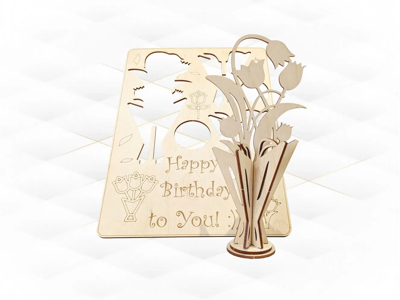 Birthday Card Bouquet Flowers Laser Cut Template, Design Greeting Cards, Laser Cutting Model
