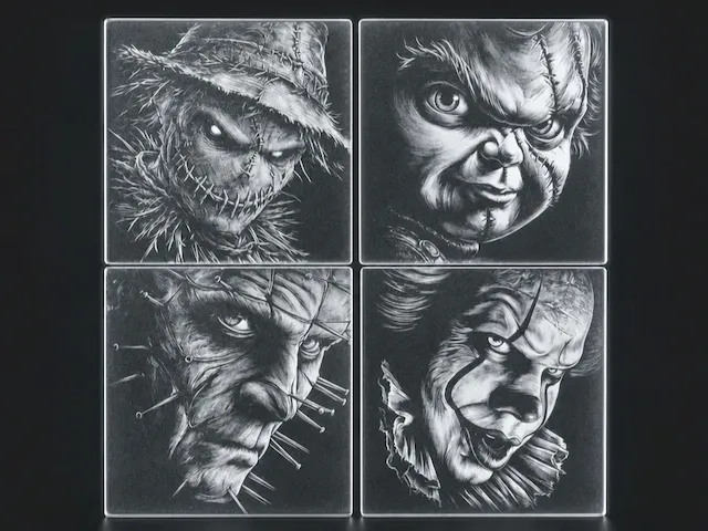 Horror Movie Villain Portrait WHITE TILE METHOD Featuring Scarecrow, Chucky, Pinhead, and Pennywise