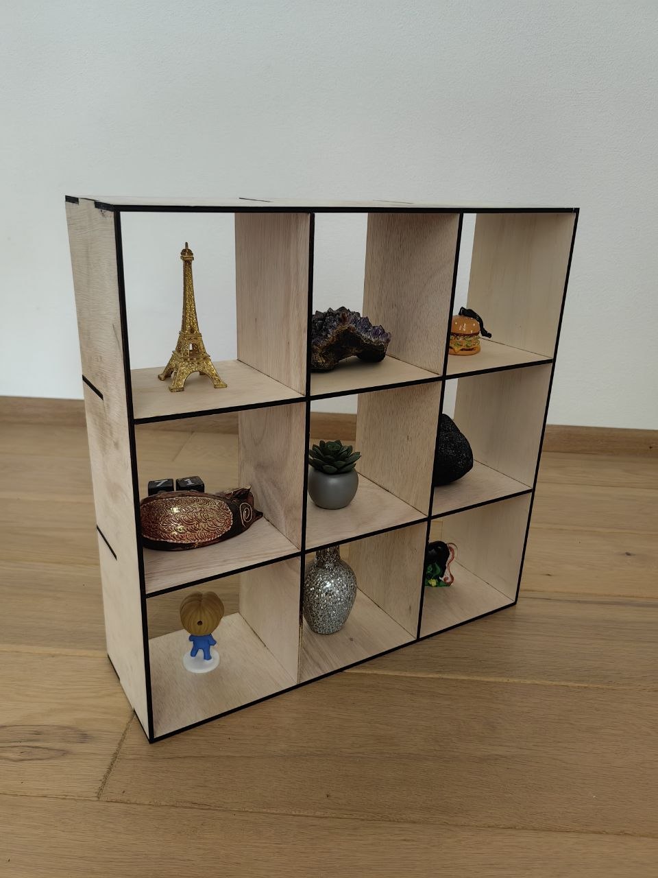 [Laser cut and engrave] Wooden Nine-Compartment Desktop Display Shelf for Collectibles