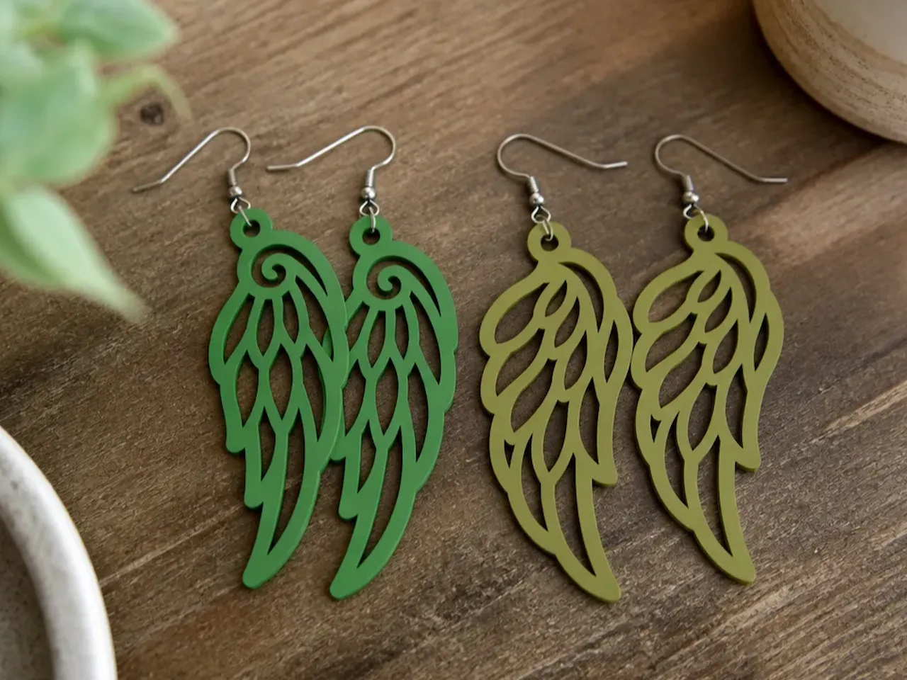 [Laser cut and engrave] Green Angel Wing Dangle Earrings