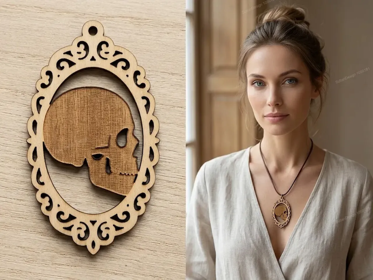 [Laser cut and engrave] Skull Cameo Pendant Necklace with Ornate Filigree Frame