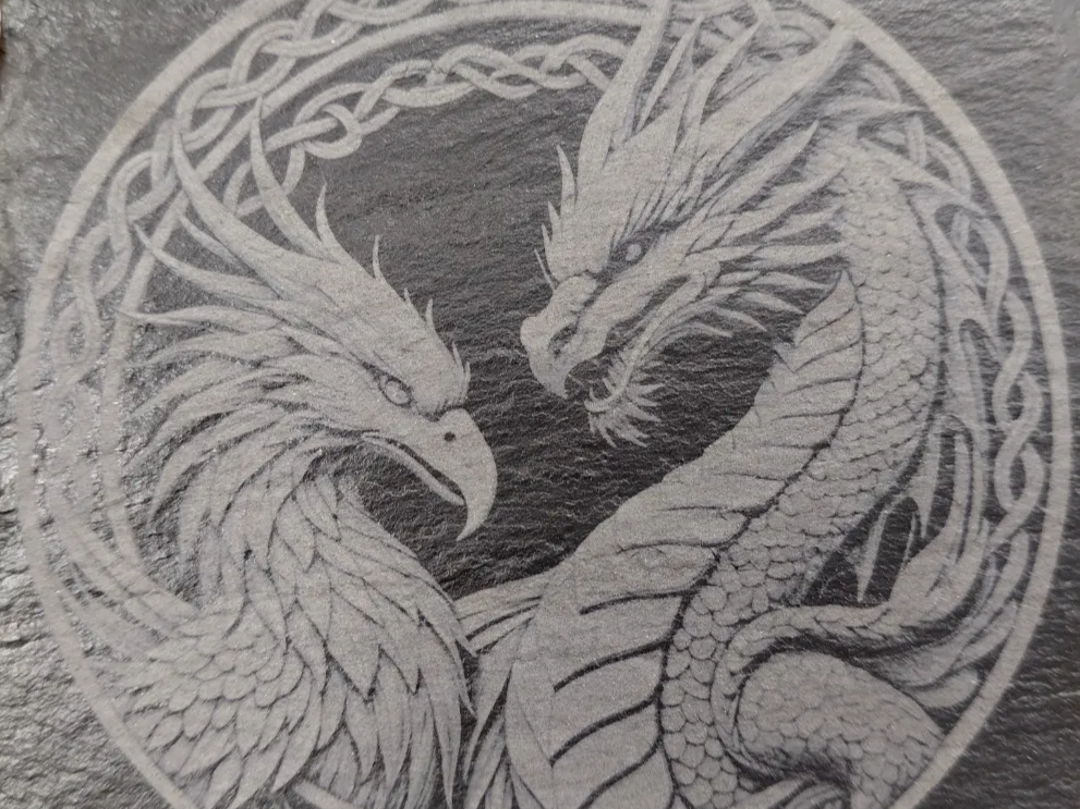 Slate Coaster Featuring Celtic Knotwork with Dragon and Phoenix