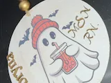 [Inkjet printing,Laser cut and engrave] Round ghost ornament with beanie and boba tea / name sign