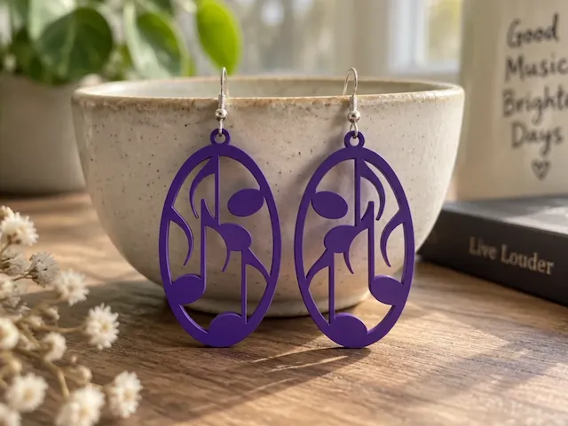 Purple Oval Music Note Dangle Earrings