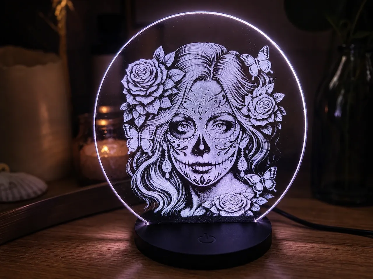 [Laser cut and engrave,Screen printing] Day of the Dead Sugar Skull Woman LED Night Light