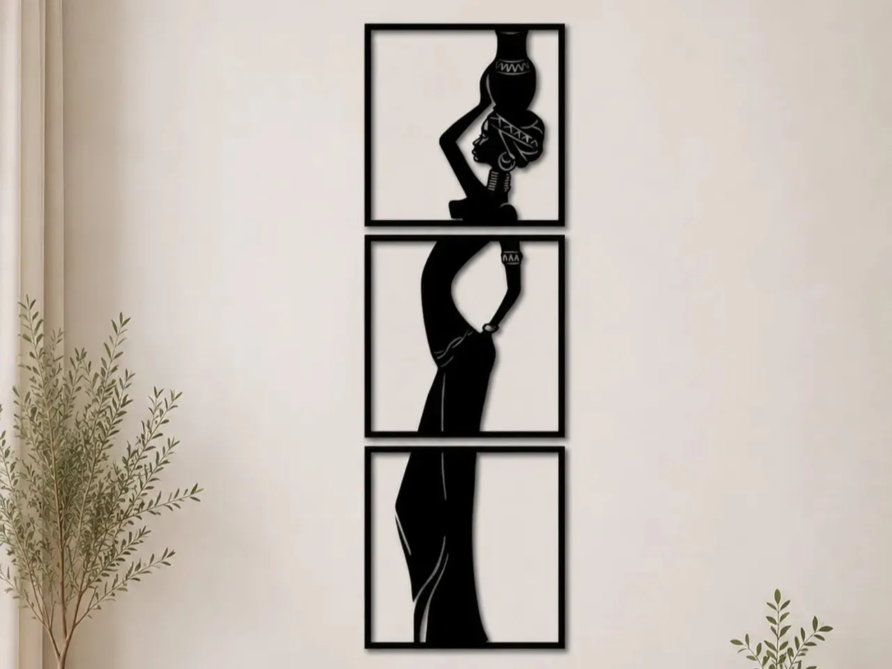 [Laser cut and engrave] African Woman Carrying Water Pot Three Piece Wall Art