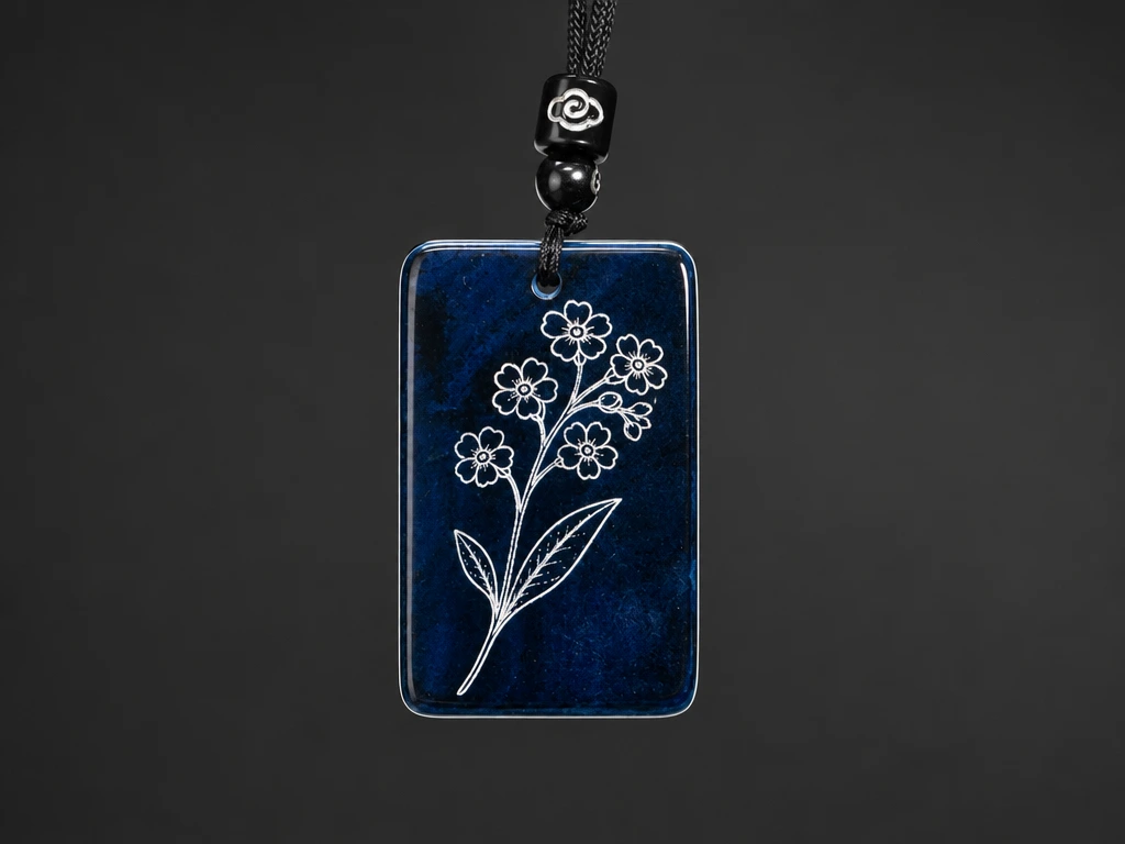 Dark Blue Rectangular Stone Pendant Featuring a forget me not flowers