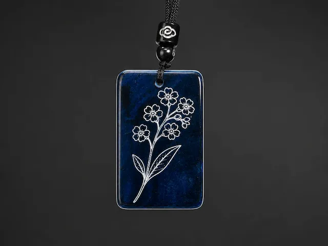 Dark Blue Rectangular Stone Pendant Featuring a forget me not flowers