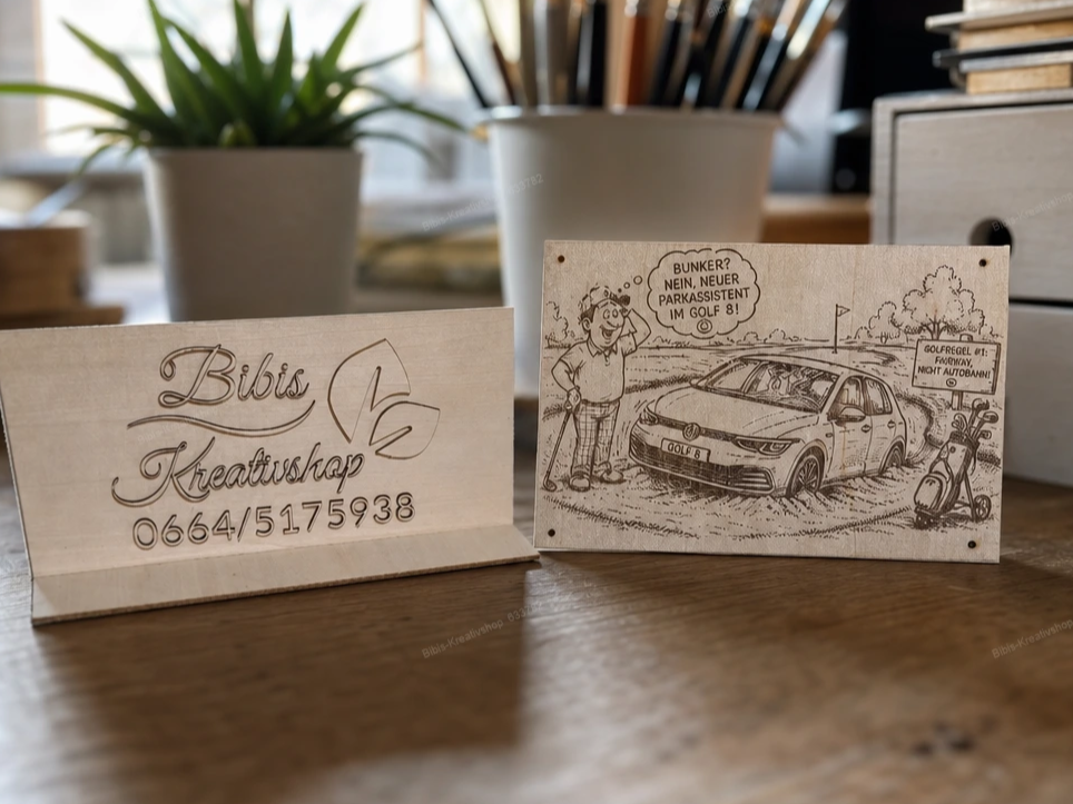 Holzaufsteller mit lustigem Golf-Cartoon und Golfplatz-Motiv