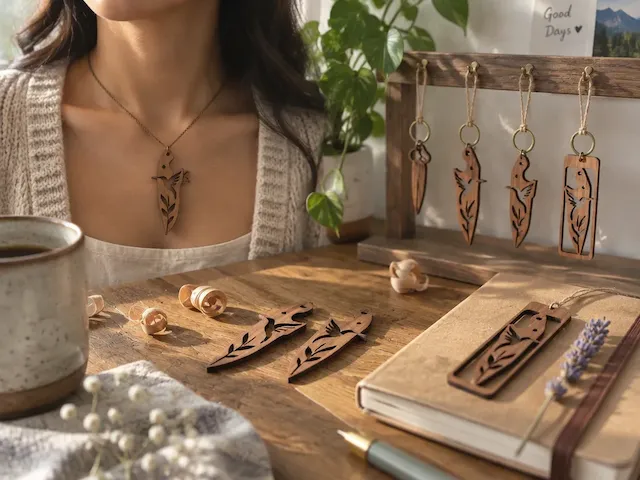 Hummingbird and Leaf Motif Wooden Pendant Necklace and Bookmark Set